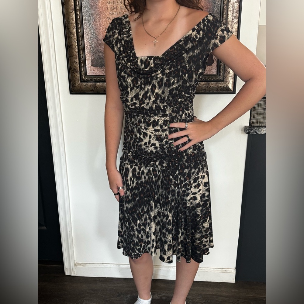 Sophia Christina Ruched Leopard Flattering Off/On Shoulders cap sleeve Dress 12